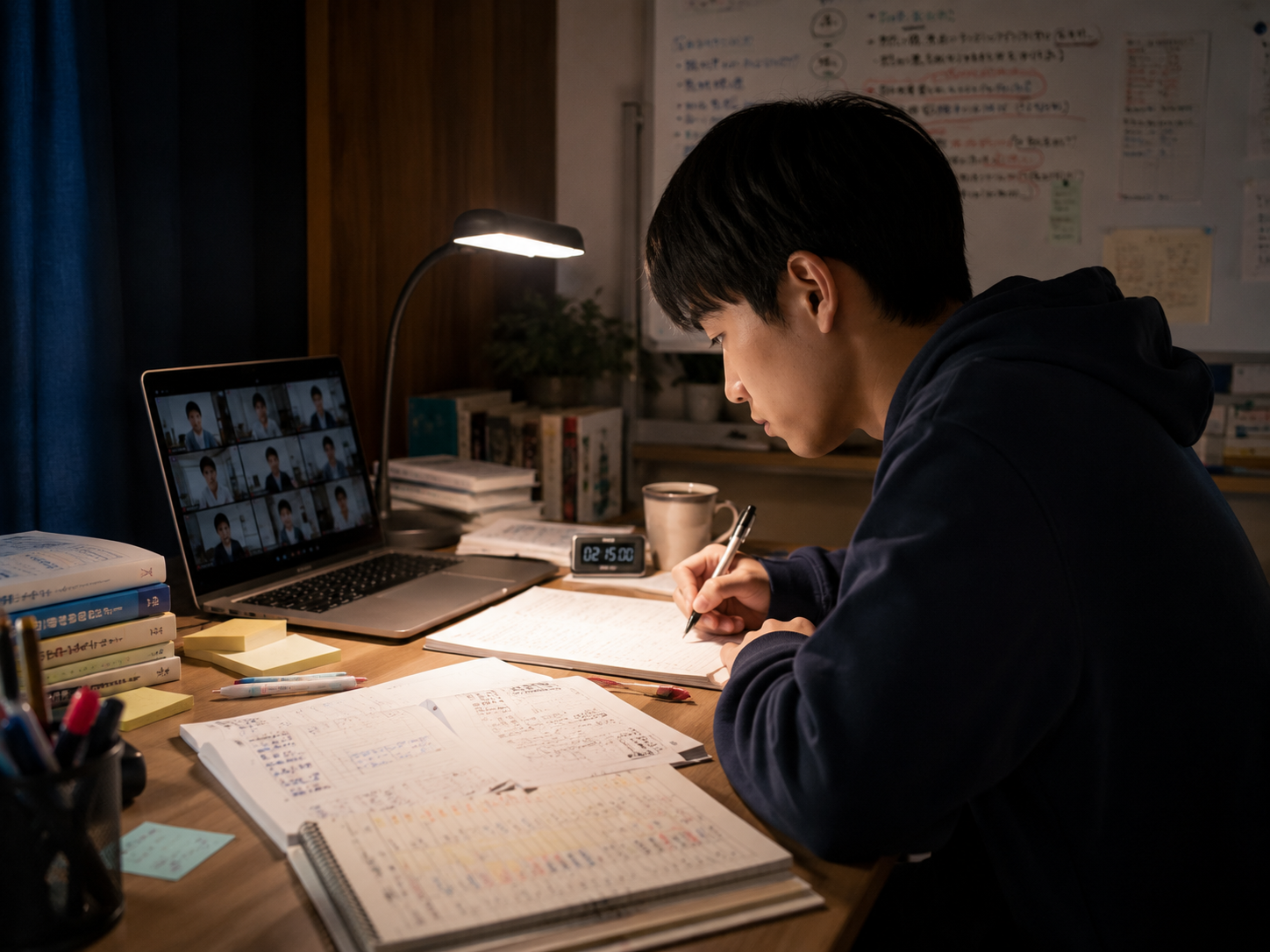 家で集中して勉強する高校生